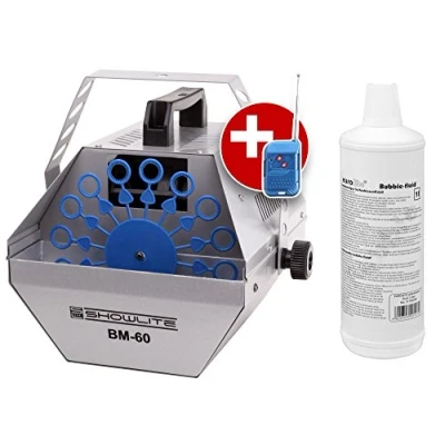 Abbildung von Showlite BM 60 Seifenblasenmaschine 60W mit Funk Fernbedienung und 1L Eurolite Fluid (0,6l Tank, 2 3 Stunden Laufzeit bei vollem Party Effekt, Disco Bubbles) silber
