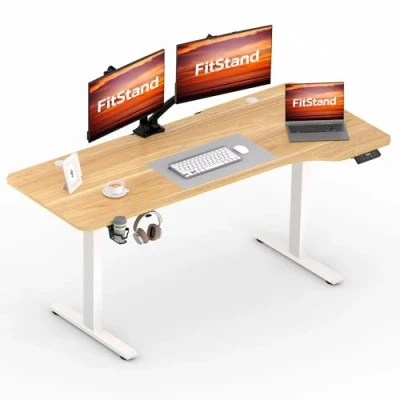 Abbildung von FitStand 160x75cm höhenverstellbarer Schreibtisch Electric Lift Desk mit Tischplatte, Stehpult, Computertisch Haken, Memory Funktion für Büro und Zuhause Ahorn