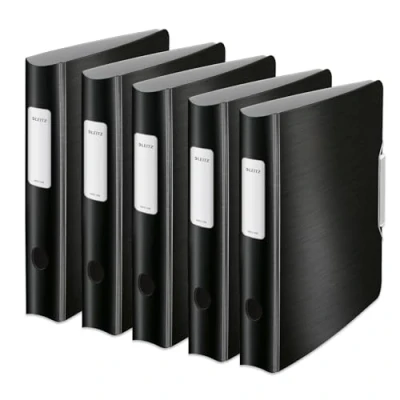 Abbildung von Leitz Qualitäts Ordner 180 Active Style, 5er Pack, A4, Schmal, Satin Schwarz, Abgerundeter Rücken mit 6,5 cm Rückenbreite, Gummibandverschluss, Leichtes Polyfoam, 11090094