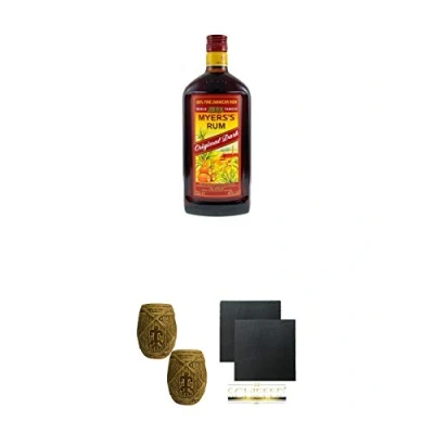 Abbildung von Myers&#039;s Original Dark Rum 4 Jahre Jamaika 1,0 Liter + Plantation MUG ohne Eichstrich 2 Stück Schiefer Glasuntersetzer eckig ca. 9,5 cm Ø