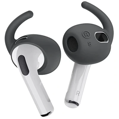 Abbildung von elago 4 Paar Ersatz Ohrhakenabdeckungen Kompatibel mit Airpods 3 [Zusätzlicher Aufbewahrungsbeutel] Anti Rutsch Ergonomische Ohrstöpsel, 2 Kleine, Größe (Dunkelgrau)