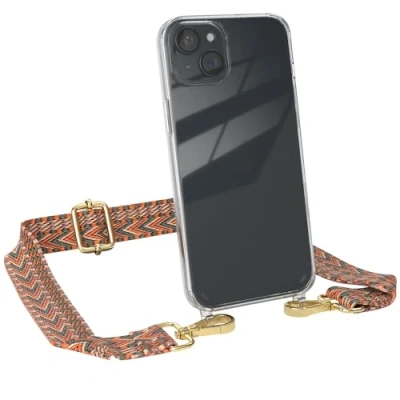 Abbildung von EAZY CASE Handykette mit verstellbarem Trageriemen für iPhone 15 Plus Taschengurt zum Wechseln transparenter Handyhülle Hülle dünner Schulterriemen in Orange Grün Gold