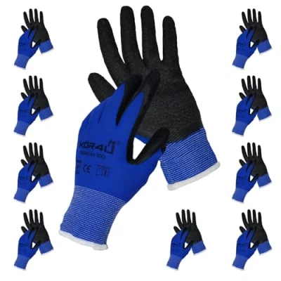 Abbildung von kör4u 10 Paar Arbeitshandschuhe Premium, atmungsaktiv und beschichtet, als Schutzhandschuhe geeignet, guter Grip, mit hochwertiger Latex Beschichtung, hoch elastisch