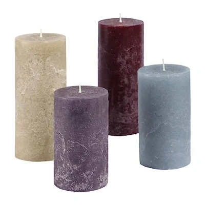 Abbildung von Loberon Kerze 4er Set Berekua, Zwei Größen, handgearbeitet, durchgefärbt &amp; geruchsneutral, hübsche Farbkombi, Adventskerzen, Adventskranz, Stumpenkerzen, Paraffinwachs, grau/Taupe/lila
