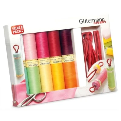 Abbildung von Gütermann creativ Nähfaden Set mit 10 Spulen Allesnäher 100 m in verschiedenen Farben + Bobbin Clips