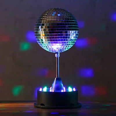 Abbildung von SATISFIRE Discolicht LED Spiegelkugel Discokugel 13cm Standfuß bunt Batterie USB Betrieb, Classic, RGB (rot, grün, blau)