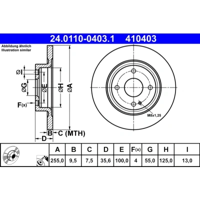 Abbildung von ATE 24.0110 0403.1 Bremsscheibe 255,0 9,5 4 100,0 voll beschichtet MAZDA: MX 5 IV, IV RF Targa