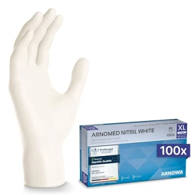 Abbildung von ARNOMED Nitril Einweghandschuhe 100 Stück/Box, XL, weiß, latexfreie Einmalhandschuhe, puderfreie Nitrilhandschuhe, in Gr. S, M, L &amp; XL verfügbar