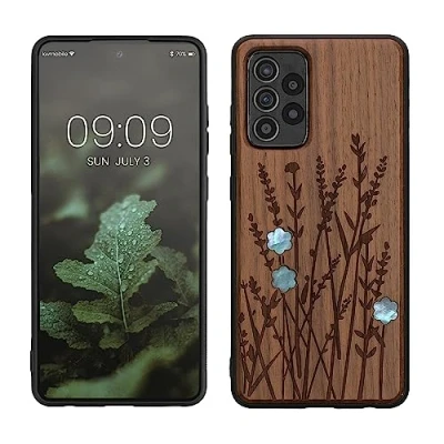 Abbildung von kwmobile Hülle kompatibel mit Samsung Galaxy A52 / 5G A52s Holz Case Handy Cover TPU Handyhülle in Dunkelbraun Perlmutt Lavendel