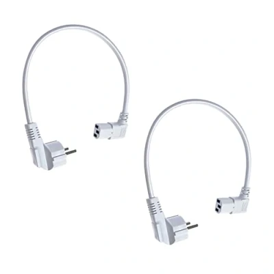 Abbildung von Doppelpack: shortix kurzes Netzkabel (Stromkabel mit gewinkeltem Schutzkontaktstecker Typ E+F auf gewinkelte Kaltgeräte Buchse). weiß. 40cm.