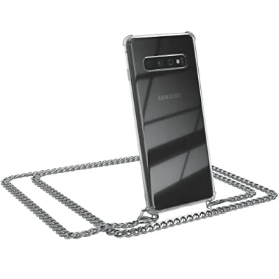Abbildung von EAZY CASE Handykette kompatibel mit Samsung Galaxy S10 Handyhülle Metal Umhängeband und Ersatz Kordel schwarz, Handykordel Schutzhülle, Stylische Kette Smartphone Hülle, Silber
