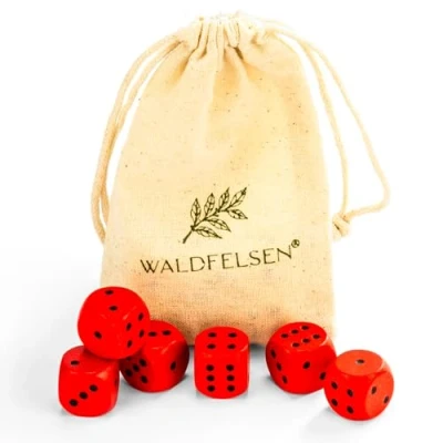 Abbildung von Waldfelsen 6, 12, 20, 30 oder 50 hochqualitative Holzwürfel aus echtem Buchenholz Augenwürfel Spielwürfel Holz in 16 mm Standardwürfel mit Stoffbeutel Würfelset (Rot, 6 Stück)