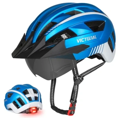 Abbildung von VICTGOAL Fahrradhelm MTB Mountainbike Helm mit magnetischem Visier Abnehmbarer Sonnenschutzkappe und LED Rücklicht Radhelm Rennradhelm für Erwachsenen Herren Damen (L: 57 61cm, Metalblue)
