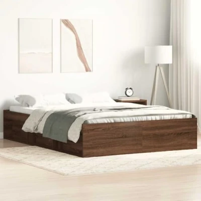Abbildung von vidaXL Bettgestell, Bettrahmen mit Lattenrost, Bett Gästebett 6 Fächern, Doppelbett Schlafzimmerbett Schlafzimmermöbel, Braun Eichen Optik 140x200cm