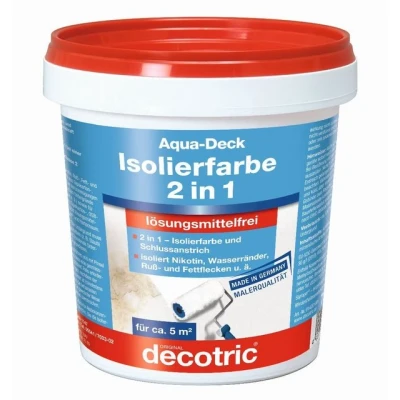 Abbildung von Decotric 014201001 Aqua Deck Wandfarbe Isolierfarbe 2in1 gegen Nikotin, Ruß, Fett Flecken, Wasserränder, weiß, 750 ml (1er Pack)