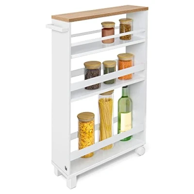 Abbildung von bomoe Nischenregal 15cm breit Küchenwagen Küchenregal Schmal Rollwagen 3 Fächer &amp; Arbeitsplatte Nischenschrank Küche Bad Büro Bathroom Cart Nischenwagen Weiß Eiche 79x50 cm Hylla