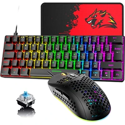 Abbildung von 60 % UK Layout Kabelgebundene Gaming Tastatur und Maus 62Keys kompakte mechanische Tastatur, 19 Regenbogen Beleuchtungseffekt +6 RGB mit 6400 DPI (schwarz/blauer Schalter)