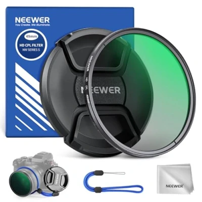 Abbildung von NEEWER 49mm CPL Filter mit Objektivdeckel, mehrfach beständiger, nanobeschichteter Zirkularer Polarisationsfilter optischem HD Glas für Kameraobjektive, Polfilter reduziert Reflexionen Blendung