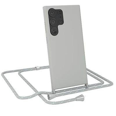 Abbildung von EAZY Case Silikon mit Kette kompatibel Samsung Galaxy S23 Ultra Stoßfest Handyhülle Band, Stylische Abnehmbar Necklace als Set in Grau Riemen Hellgrau/Weiß Endstücke Silber