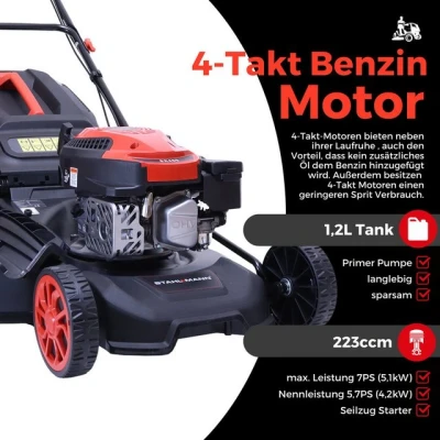 Abbildung von STAHLMANN Rasenmäher Benzin mit Antrieb BR532 7,0PS (5,1kW) 223ccm Antrieb, 53cm Schnittbreite, Mulchen, Schnitthöhenverstellung, Easy Clean Anschluss, Große Räder, 60L Korb