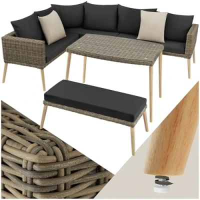 Abbildung von tectake® Aluminium Poly Rattan Lounge, Gartenmöbel Set mit Ecksofa, Bank und Tisch, Sitzgruppe für Garten Balkon Terrasse, Balkonmöbel Sofa Garnitur dicken Polstern, Zierkissen Natur