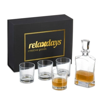Abbildung von Relaxdays Whisky Set, 5 teilig, Whiskykaraffe 700 ml, 4 Whiskygläser 345 Geschenkbox, Cognac Dekanter, transparent, 100% Glas