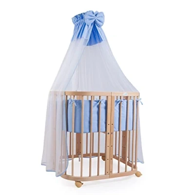 Abbildung von Waldin Babybett aus Holz 7in1 mit Matratze, Mitwachsendes Kinder Bett, Belüftet, Boden 5 Fach Verstellbar, All Inclusive Set, Natur, Stoffe Blau