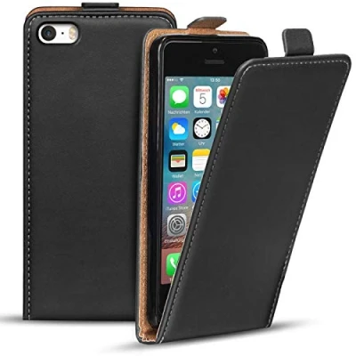 Abbildung von Verco Flip Cover für iPhone 5 Case, SE 1 Case Flipstyle Schutzhülle Apple / 5S Hülle Kunstleder Tasche vertikal klappbare Handyhülle, Schwarz