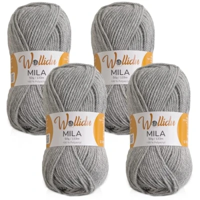 Abbildung von Wollidu Mila Garn zum Häkeln und Stricken 4 x 50g/133m Strickgarn 100% Polyacryl Häkelgarn Hellgrau