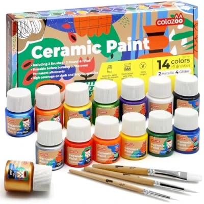 Abbildung von colozoo Glas und Porzellanfarbe Spülmaschinenfest 14x20ml Farbe inkl. Gold, Silber, 4 Glitzerfarben &amp; 3 Pinsel Keramik Bemalen Set vor dem Backen löschbar danach Wasserfest