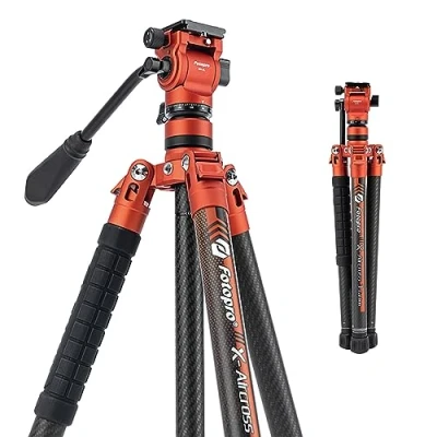 Abbildung von Fotopro X Aircross 3 Video 151 cm leichtes Reise Kamera Stativ mit Fluid Kopf 1.07 KG ultraleichtes tragbares professionelles Reisestativ aus Kohlefaser für DSLR Last bis zu 5 Orange