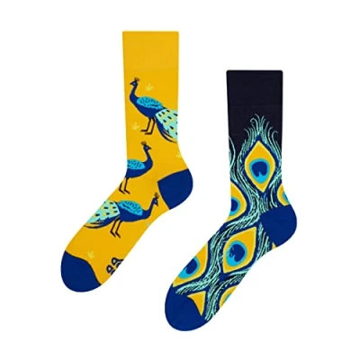 Abbildung von Dedoles Socken Unisex Damen Herren &amp; Kinder Baumwolle viele lustige Designs 1 Paar Geschenk links rechts verschieden, Farbe Gelb, Motiv Pfau, Gr. 35 38