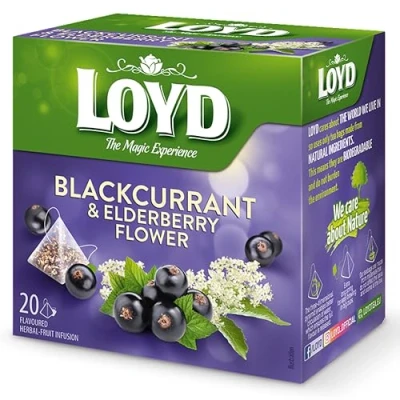 Abbildung von LOYD® Früchtetee Tee 20 Teebeutel 40g Geschmack: Schwarze Johannisbeere mit Holunderblüten Aromatisiert Obst Frucht Früchte Fruit Tea Hochwertigen Teeblättern Schwarzteebeutel Aufbrühen