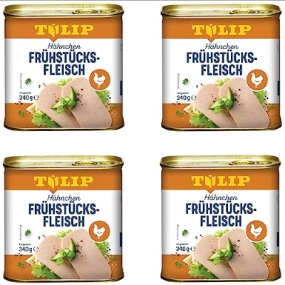 Abbildung von TULIP 4x Hähnchen Frühstücksfleisch 340g leckeres Hähnchenfleisch in der praktischen recycelbaren Konserve Geflügel Dose 80%
