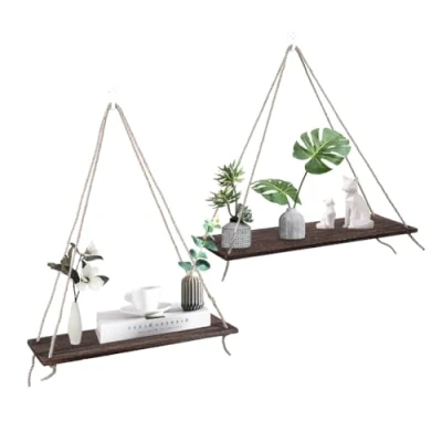Abbildung von 2Pcs Wandregal Holz Hängeregal mit Seil,Blumenschaukel Praktische Regale Regal Wand Boho Deko Hängendes Wandschaukel Schweberegale Rustikale Hängeregale Swing Seil für Wohnzimmer,Büro