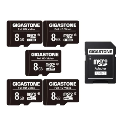 Abbildung von Gigastone 8 GB Speicherkarte, 5 Stück, hohe Lesegeschwindigkeit von bis zu 80 MB/s, ideal für Laptop Full HD Video, U1 C10 Micro SDHC UHS I Karte mit 2 Minihüllen und 1 SD Adapter.