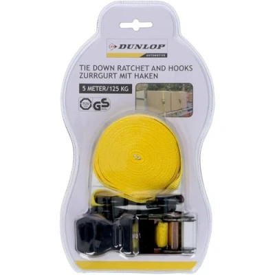 Abbildung von Dunlop AutomotiveDunlop Spanngurt mit Ratsche Zurrgurt 5M Max. Spannkapazität 125KG Zurrriemen für Ladungssicherung Geeignet u.a. Anhänger Nylon Schwarz/Gelb