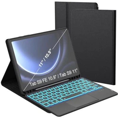 Abbildung von Tastatur Hülle für Samsung Galaxy Tab S9 FE / 7 Farbige Beleuchtung Touchpad Tablet Cover mit Stifthalter Beleuchtete Deutsches QWERTZ Layout 10,9&quot;/S9 11 zoll Schwarz