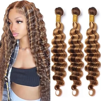 Abbildung von Tuheerst Menschliches Haar Brasilianisches Echthaar Tressen Human Hair Bundles Deep Wave 3 Blonde P427 Brasilianische Haare 100% Brazilian Remy 100g/Bundle 18 Zoll