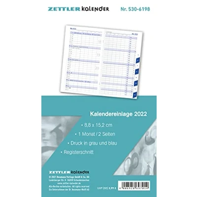 Abbildung von Kalender Ersatzeinlage für den Taschenplaner Typ 530 8,8x15,2 cm 1 Monat auf 2 Seiten Registerschnitt separates Adressheft Notizheft ... faltbar Notiz Heft