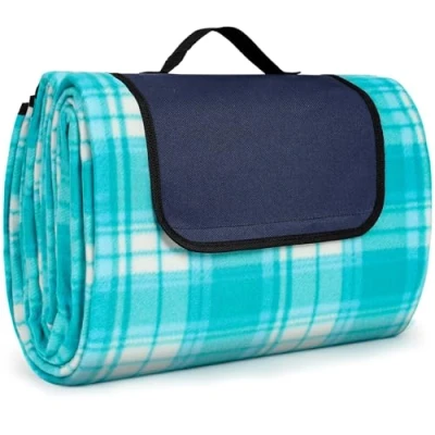 Abbildung von SOMLAW Picknickdecke Wasserdicht 200 x cm, Extra Groß Outdoor Stranddecke mit Wasserdichter Unterseite für 4 6 Personen, XXL Campingdecke Tragegriff (Himmelblau Kariert)