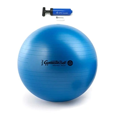 Abbildung von Original Pezzi Gymnastikball Maxafe Ø 42, 53, 65 &amp; 75cm in Allen Farben inkl. ATC Ballpumpe bis 400 kg belastbar Fitness, Reha, Therapie, Gymnastik und als Sitzball fürs Büro, 65cm dunkelblau