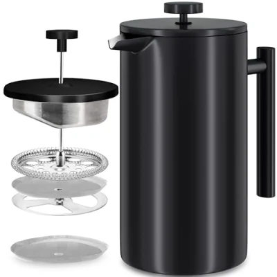 Abbildung von KICHLY French Press Kaffeebereiter 34 Oz 1000 ml (4 Kaffeebecher / 8 Kaffeetassen) Kaffeemaschine mit dreifachem Edelstahlfilter &amp; isolierten Wänden Schwarz