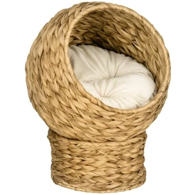 Abbildung von PawHut Tierhaus Katzenbett, mit Kissen, Wasserhyazinthe, für Katzen, Braun