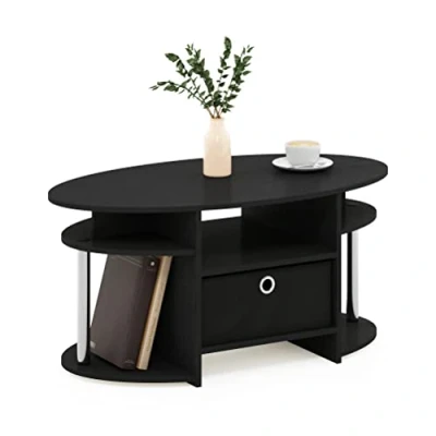Abbildung von Furinno Jaya Ovaler Couchtisch mit schlichtem Design und Abfalleimer, Americano, Edelstahlrohre