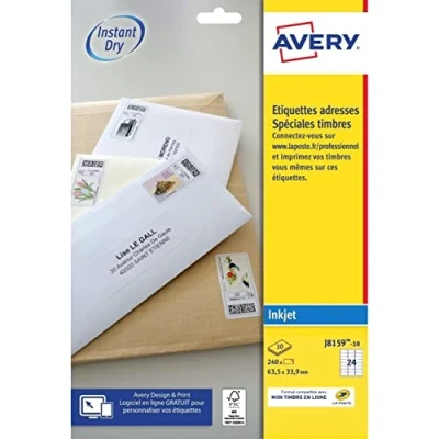Abbildung von Avery 240 Briefmarken Etiketten zum Selberbedrucken, für Tintenstrahldrucker, 63,5 x 33,9 mm, Weiß