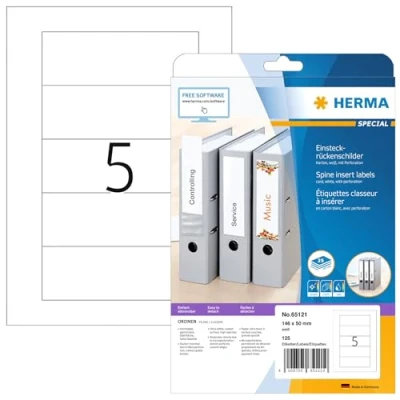 Abbildung von HERMA 65121 Einsteckrückenschilder für Ordner perforiert kurz breit, 25 Blatt, 146 x 50 mm, 5 pro A4 Bogen, 125 Stück, bedruckbar, matt, blanko Karton Einsteckschilder Rückenschilder, weiß