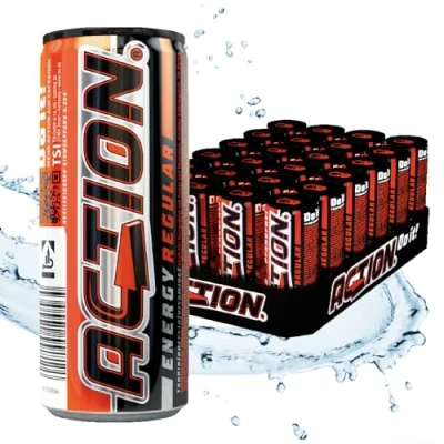 Abbildung von ACTION Energy Drink Regular (48 x 250ml) inkl. Pfand Erfrischungsgetränk mit Tutti Frutti Geschmack Energiekick erhöhtem Koffeingehalt 31,5mg/100ml Koffein