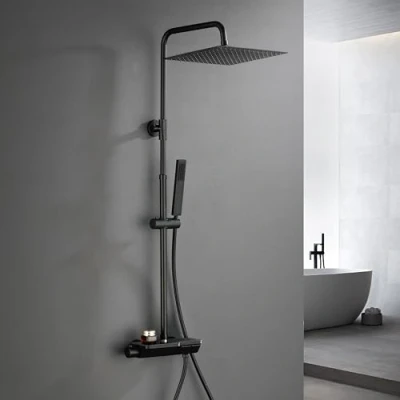 Abbildung von Görbach Regendusche Duschset mit Duscharmatur Komplettset Edelstahl Duschsystem Thermostat Überkopfbrause Handbrause Duschstange Matt Schwarz (3030MB)