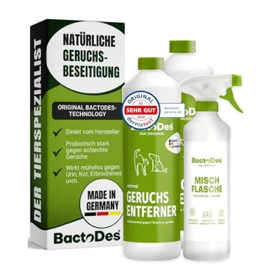 Abbildung von BactoDes Animal Geruchsneutralisierer 2L Konzentrat mit Spray Mischflasche Starker Enzymreiniger Katzenurin, Hundeurin &amp; Tiergerüche Effektiver Geruchsentferner Bio Mikroben Wirkung
